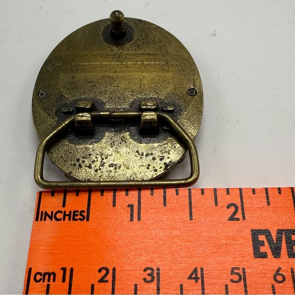 Vintage Oval Brass Belt Buckle with Brown and Cream Stone Small